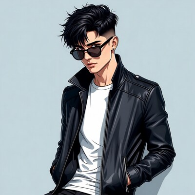Asian man in leather jacket and sunglasses