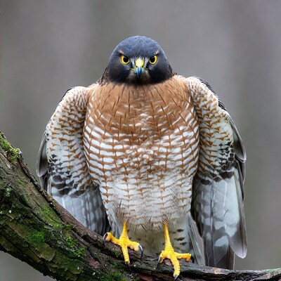 Northern Goshawk perched on mossy branch