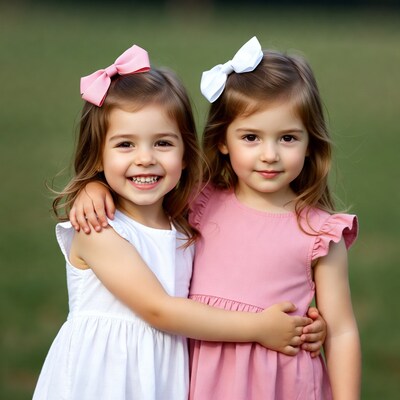 Twin girls hugging in white and pink dresses