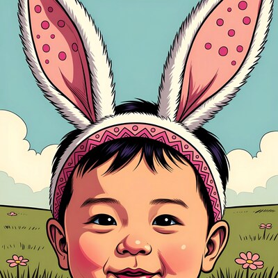 Asian baby with bunny ears smiling