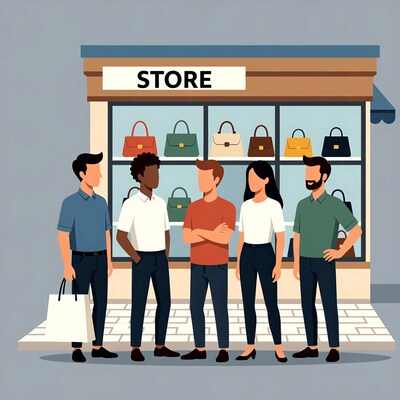 Diverse group outside handbag store
