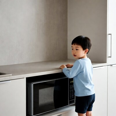 Asian boy looking at microwave