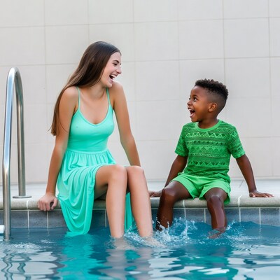 Teen girl and boy laughing at pool edge