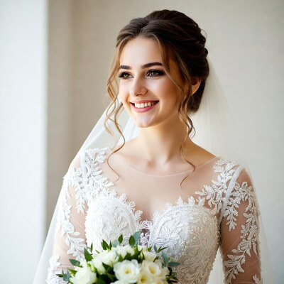 Bride smiling with bouquet