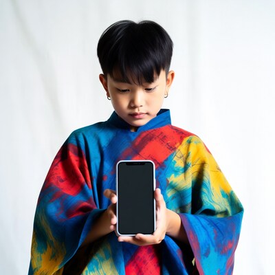 Asian boy holding smartphone in colorful kimono