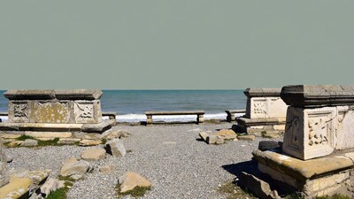 Ancient Stone Bench Ruins by Sea