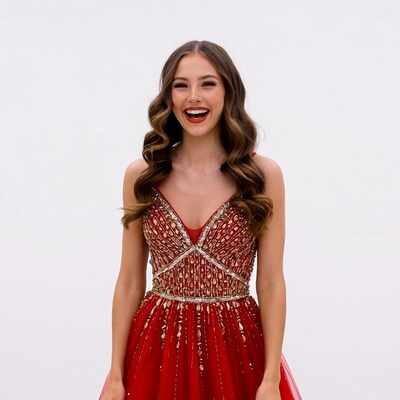 Smiling woman in red beaded gown