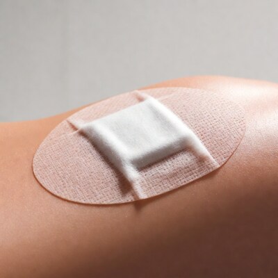 Adhesive bandage on woman's shoulder