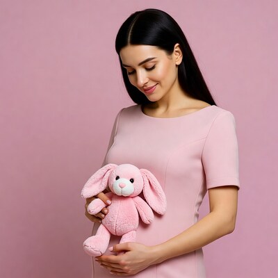 Woman holding pink teddy bunny