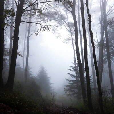 Foggy Forest Path with Tall Trees
