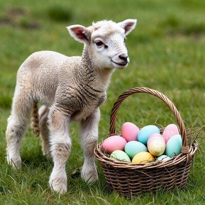Lamb with Easter eggs basket