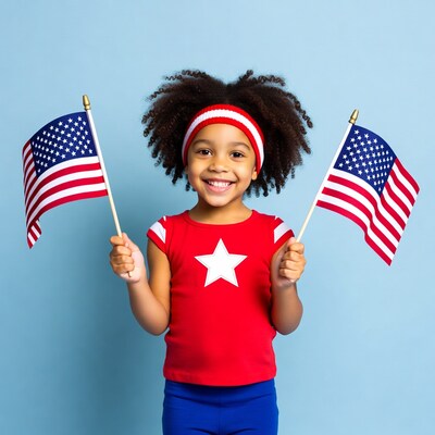 African-American girl holding American flags