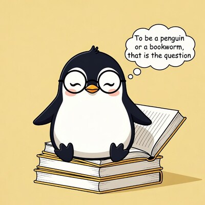 Cartoon Penguin Pondering Bookworm Dilemma