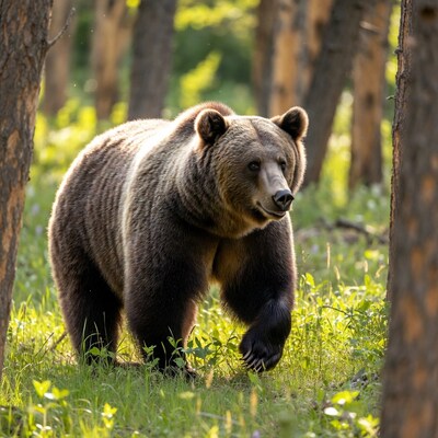 Grizzly Bear Walking in Forest