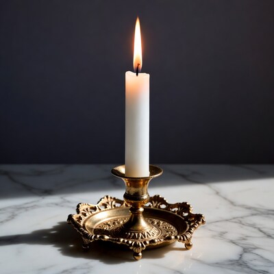 Burning Candle in Gold Candlestick