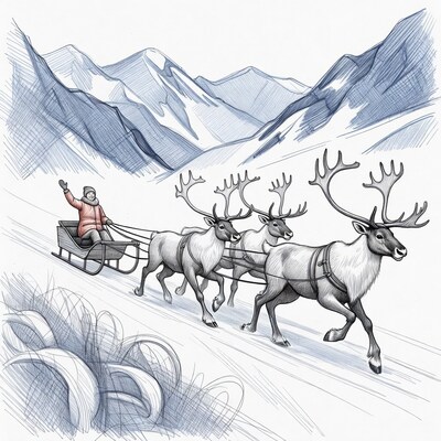 Man driving reindeer sled in snowy mountains