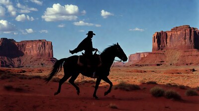 Cowboy riding horse in Monument Valley