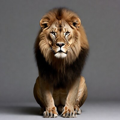 Majestic lion sitting on gray background