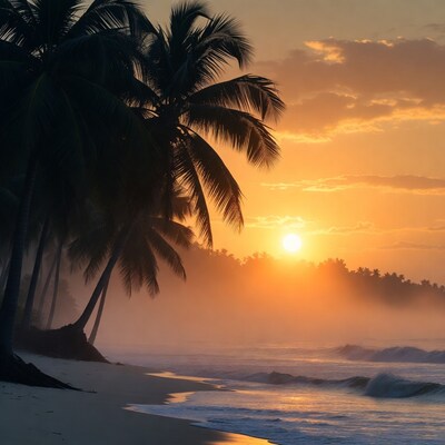 Palm Trees at Tropical Beach Sunrise