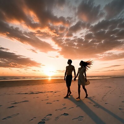 Couple walking on beach at sunset