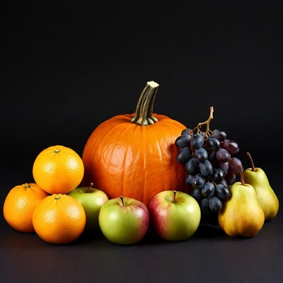 Pumpkin with oranges apples grapes pears