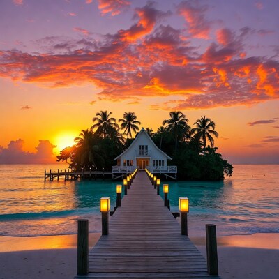 Overwater bungalow at sunset with pier