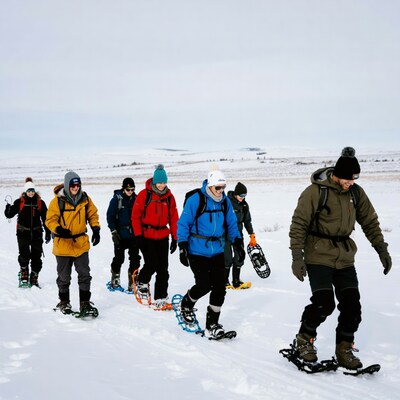 Group snowshoeing winter trail