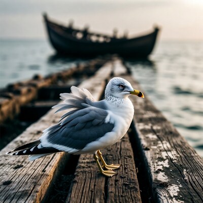 Seagull on pier with boat