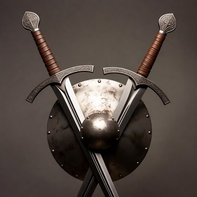 Crossed Swords Behind Medieval Shield
