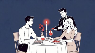 Waiter pouring wine for romantic couple