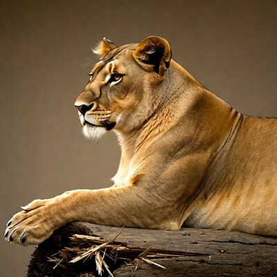 Lioness lounging on wooden log