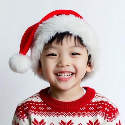 Asian boy smiling in Santa hat