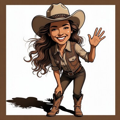 Cartoon Cowgirl Waving in Cowboy Outfit
