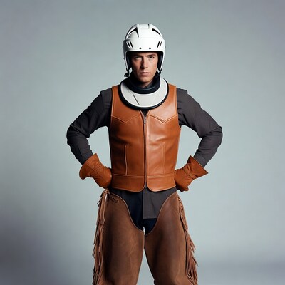 Man in white helmet and leather chaps