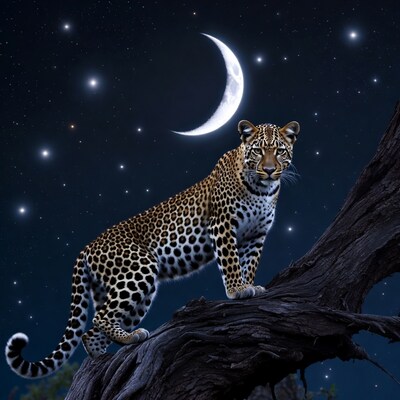 Leopard on tree branch under moon