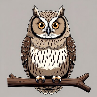 Cartoon Owl Perched on Branch