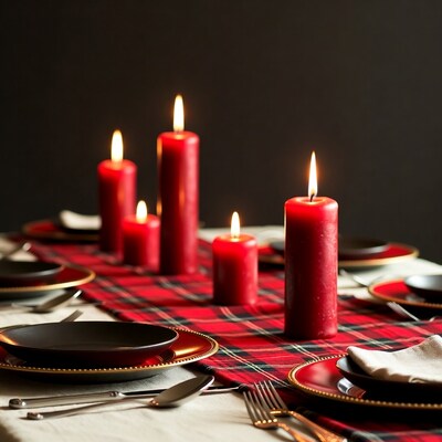 Red Candles on Plaid Table Setting