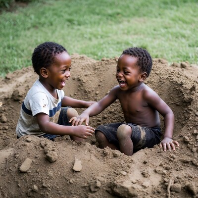 Two African boys playing in dirt pile