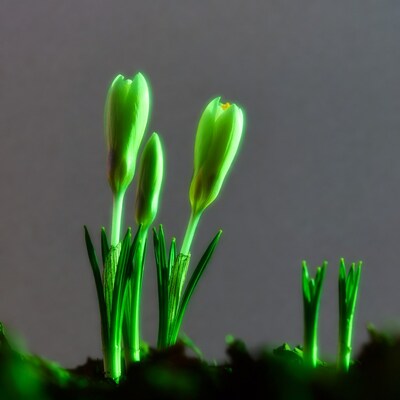 Glowing Green Crocus Buds on Soil