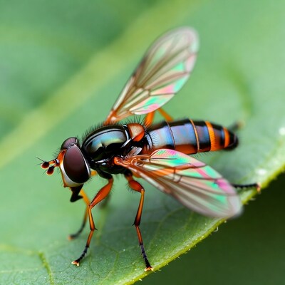 Colorful hoverfly on green leaf