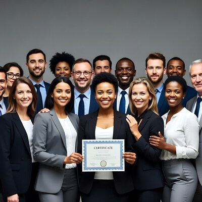Diverse team holding certificate