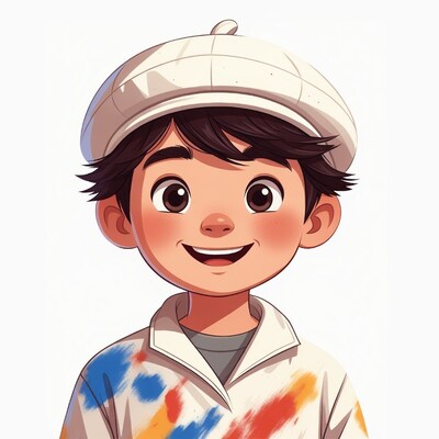 Smiling Asian boy in beret and paint shirt