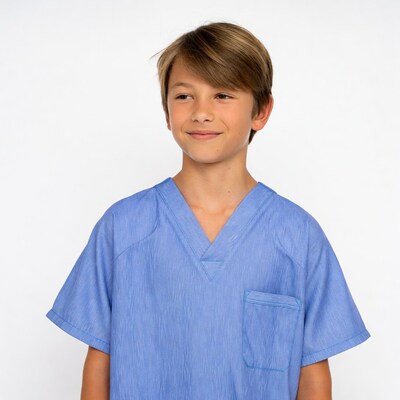 Boy wearing blue scrubs