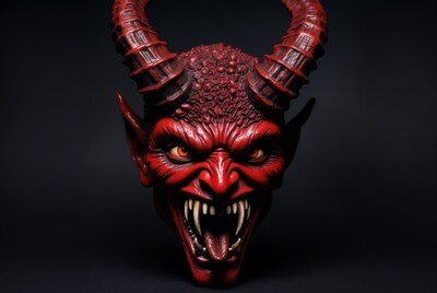 Red Demon Mask Roaring on Black