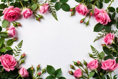 Pink Roses Frame on White Background