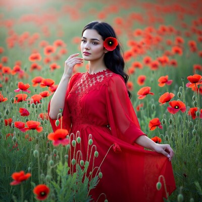 Woman in red dress in poppy field