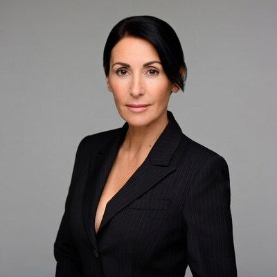 Woman in black pinstripe blazer