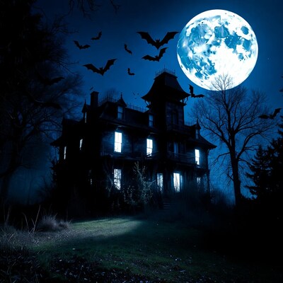 Haunted House with Bats and Full Moon