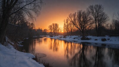 Winter River Sunset with Bare Trees