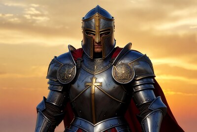 Knight in armor at sunset